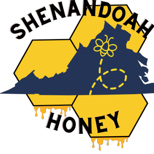 State of Virginia, illustration of a bee, beeswax hexagons and the words Shenandoah Honey